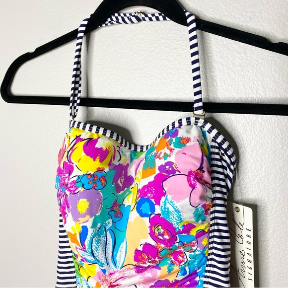 Anne Cole One Peice Floral Shirred Halter Swimsuit - Picture 3 of 12